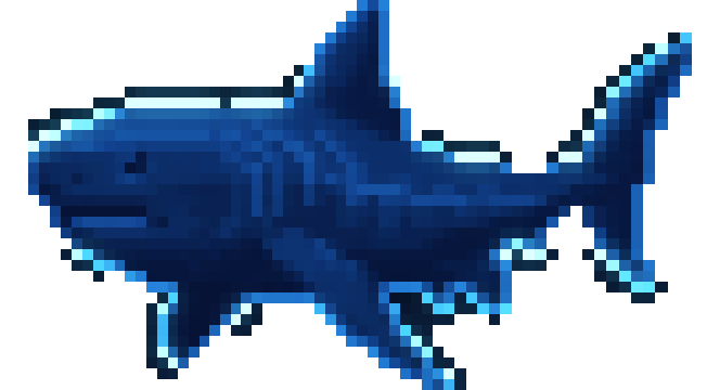 Bioluminescent shark pixel art swimming